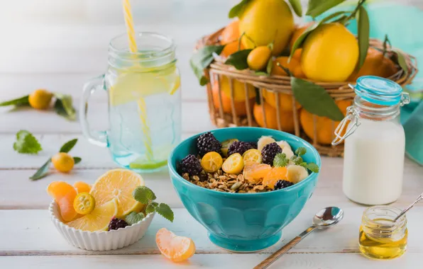 Breakfast, milk, honey, fruit, muesli, Karina Klachuk