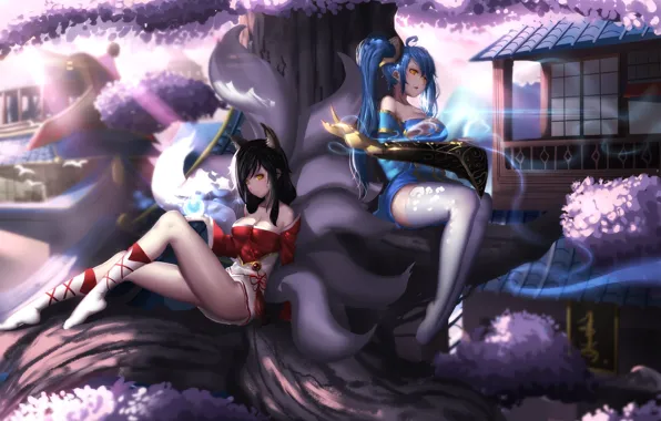 Picture girls, anime, art, League of Legends, Ahri, Sona game