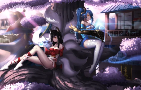 Girls, anime, art, League of Legends, Ahri, Sona game