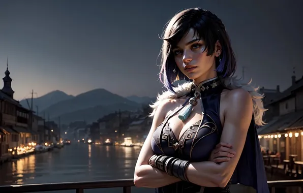 Night, the city, lights, river, haze, beautiful girl, digital art, digital art