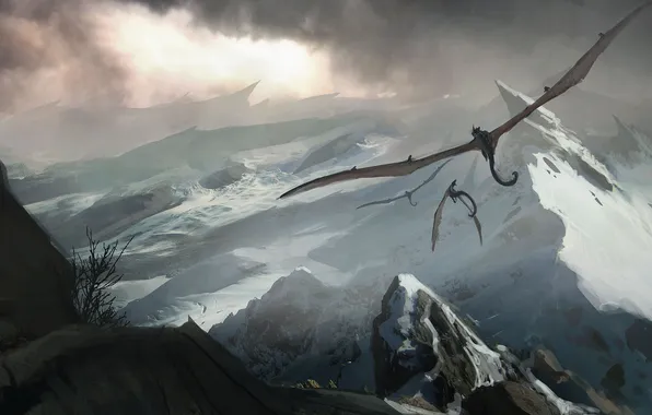 Snow, flight, mountains, clouds, rocks, dragons, art