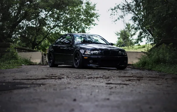 Picture road, the sky, trees, black, bmw, BMW, black, e46