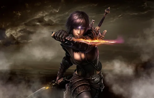 Picture girl, sword, dagger, warrior, Perfect World International, Descent