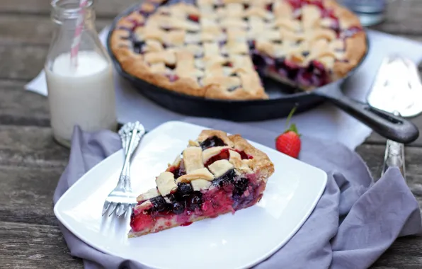 Picture bottle, food, milk, blueberries, strawberry, pie, cakes, sweet