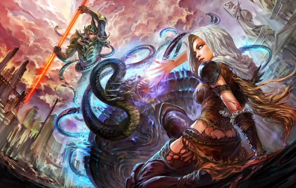 Picture girl, dragon, art, spear, battle, guy, forsaken world