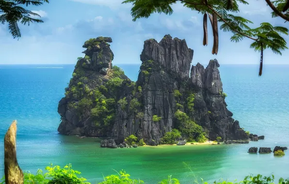 The sky, clouds, trees, landscape, nature, the ocean, rocks, island