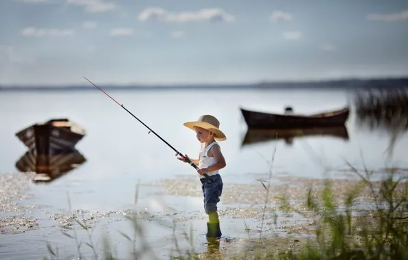 Nature, lake, fishing, fisherman, boats, boy, baby, child