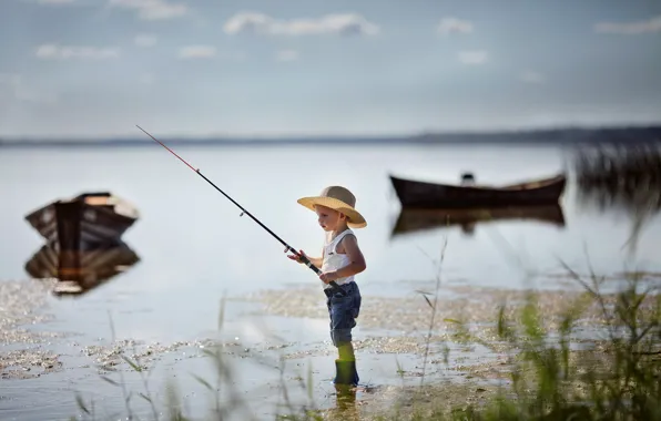 Picture nature, lake, fishing, fisherman, boats, boy, baby, child