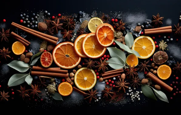 Berries, the dark background, oranges, blueberries, Christmas, New year, cinnamon, citrus