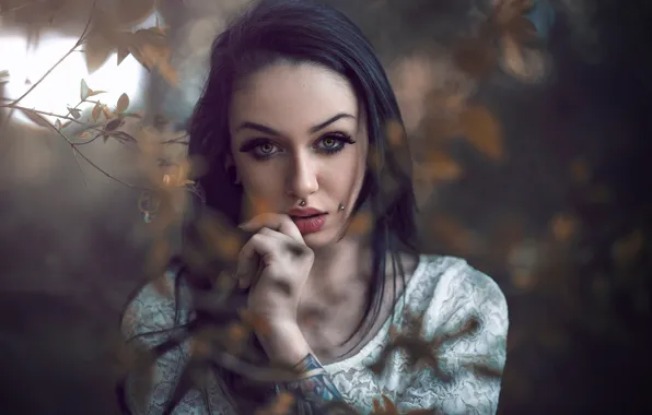 Picture look, leaves, girl, branches, face, glare, background, portrait