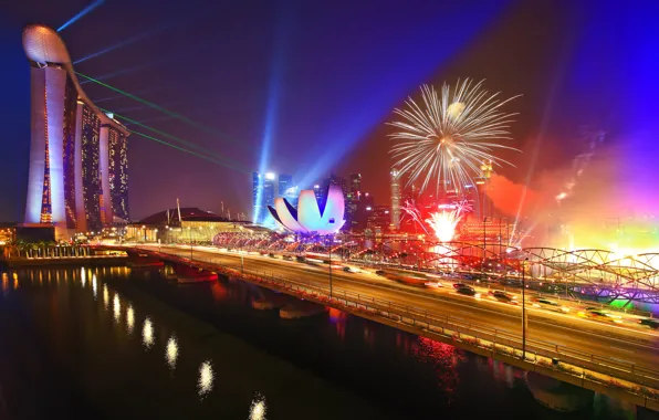 Road, night, salute, Singapore, the hotel, megapolis, Singapore, Fireworks