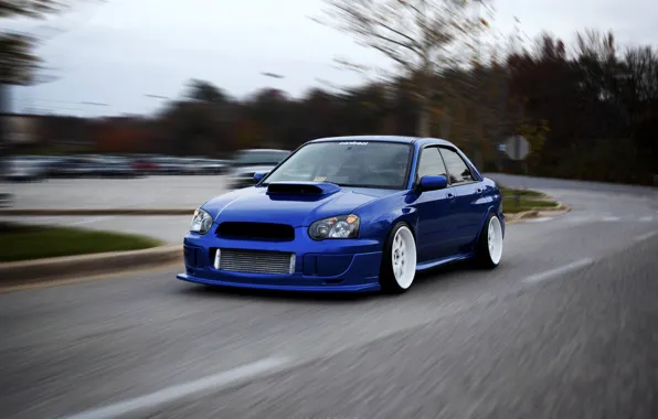 Picture blur, Subaru, Impreza, STI, in motion, blue, Subaru, Impreza