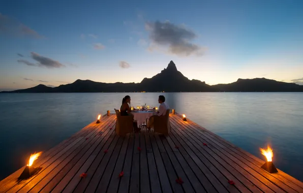 Sunset, Bora-Bora, table for two, romantic dining