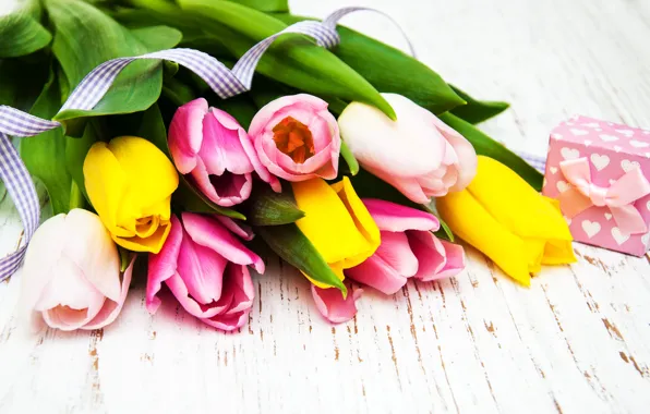 Table, gift, bouquet, tape, tulips, wood, color, Olena Rudo
