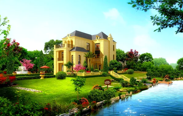 Nature, river, Villa, garden