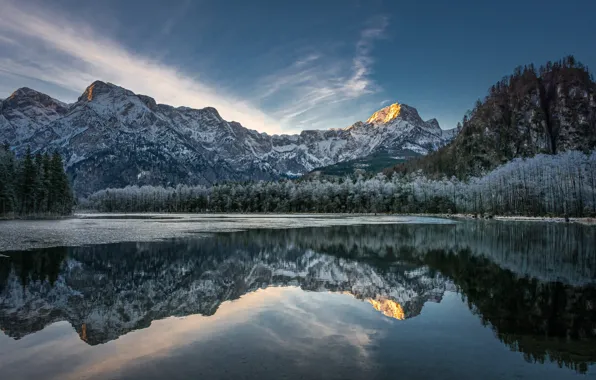 Winter, forest, mountains, lake, reflection, Austria, Alps, Austria