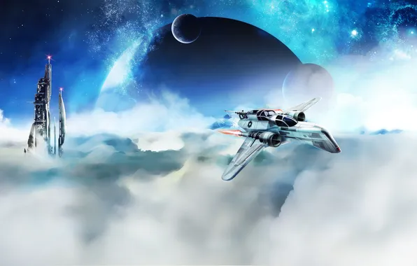 Space, stars, clouds, planet, the plane