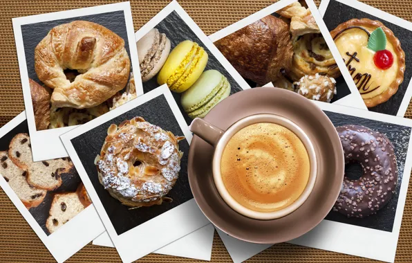 Cup, photos, donut, cappuccino, cakes, coffee, croissant, macaron