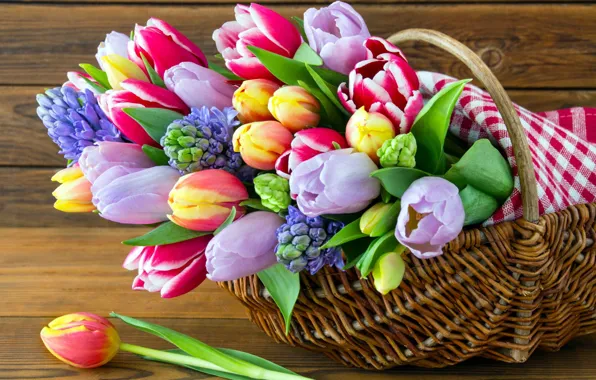 Picture flowers, tulips, basket, hyacinths