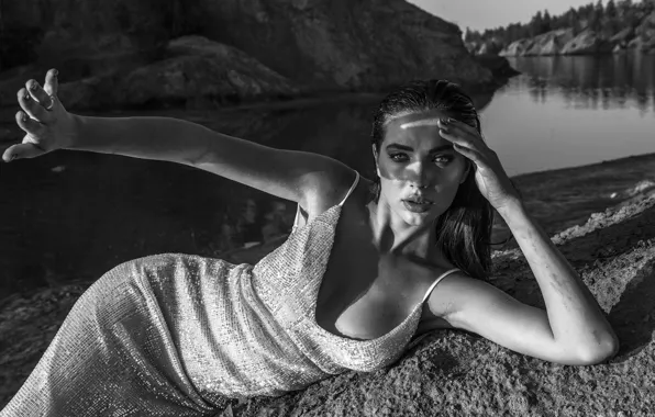 Look, girl, river, shore, black and white, lies, monochrome, cute