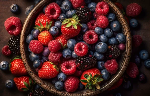 Berries, raspberry, rendering, table, blueberries, strawberry, bowl, placer