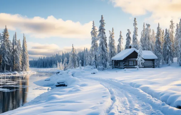 Winter, frost, road, forest, the sky, clouds, snow, landscape