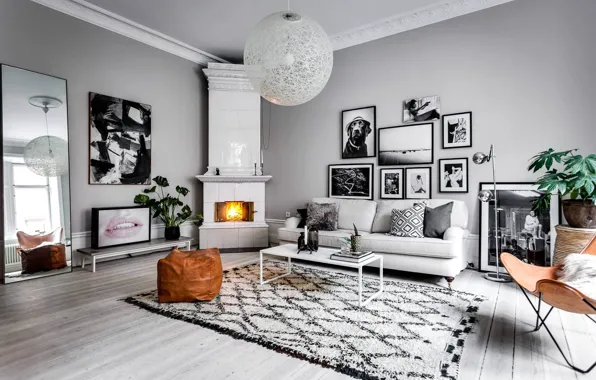 Design, style, interior, fireplace, living room, Roslagsgatan Apartment
