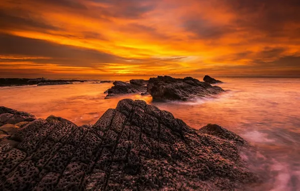 Picture sea, the sky, the sun, clouds, sunset, orange, stones, rocks