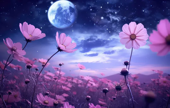 Download wallpaper flowers, night, spring, dark, moon, pink, night ...