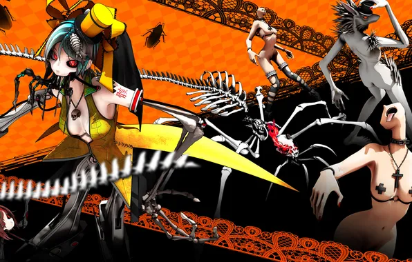 Language, girl, surrealism, monster, cross, art, skeleton, bugs