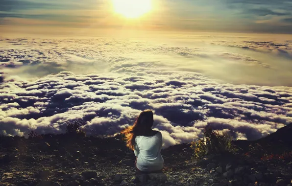 Picture the sky, girl, the sun, clouds, loneliness, height