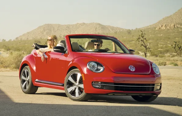 Picture girl, mountains, red, background, Volkswagen, Beetle, guy, convertible