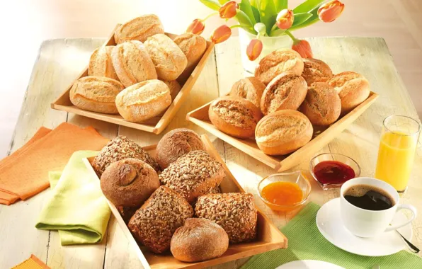 Coffee, juice, jam, buns