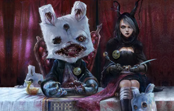 Picture eyes, table, surrealism, blood, monster, rabbit, mouth, knife