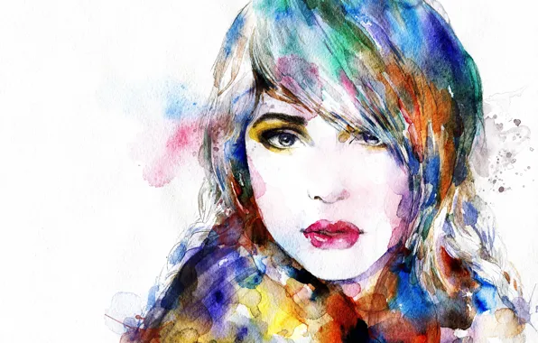 Girl, face, portrait, watercolor, colorful
