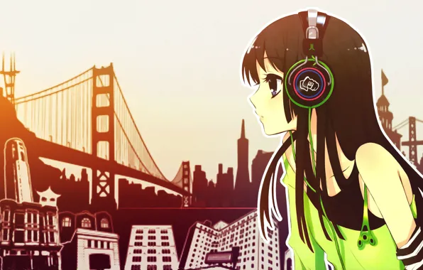 The city, Girl, headphones, M & e