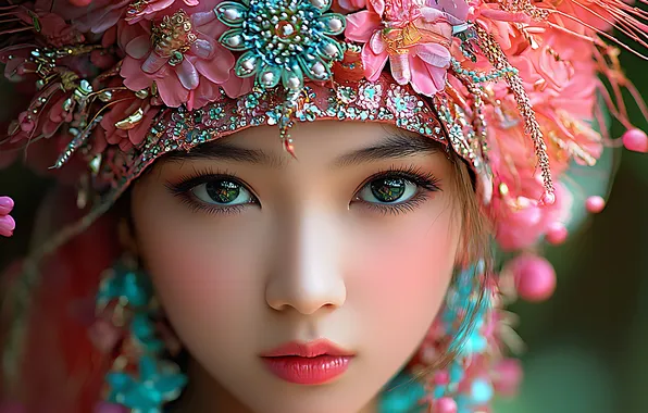 Look, girl, decoration, flowers, face, tenderness, portrait, makeup