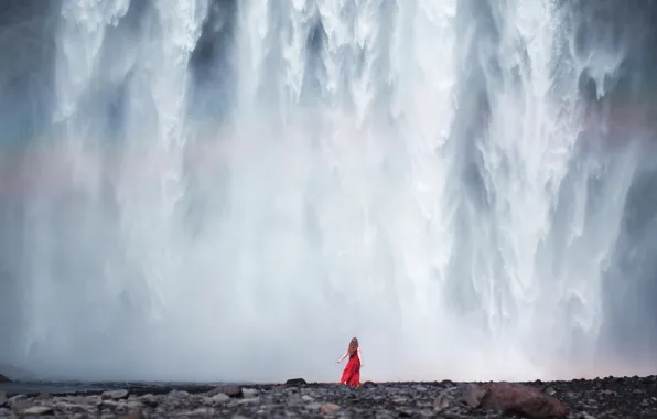 Picture water, girl, stones, mood, waterfall, red dress, long-haired