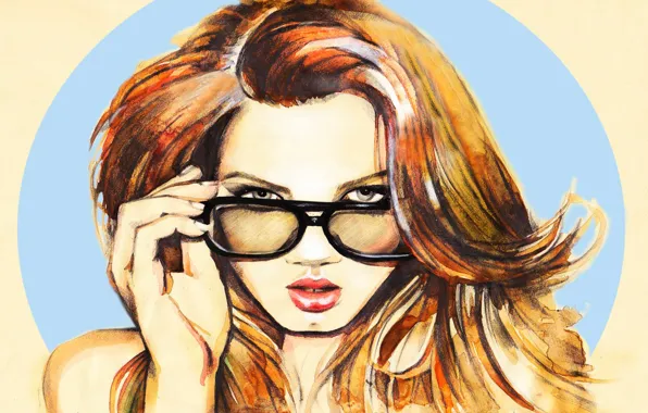 Picture face, hair, figure, Girl, art, glasses, lips, painting