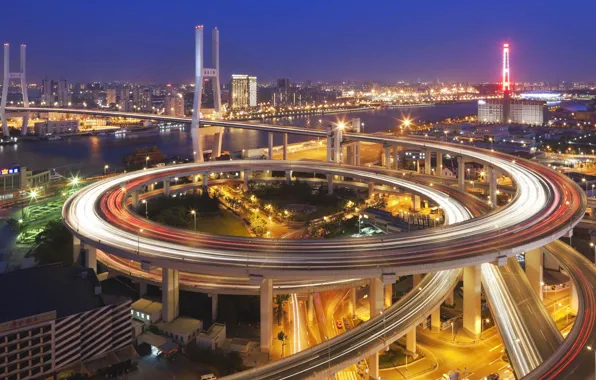 Picture road, lights, interchange, China, Shanghai, Dongjiadu