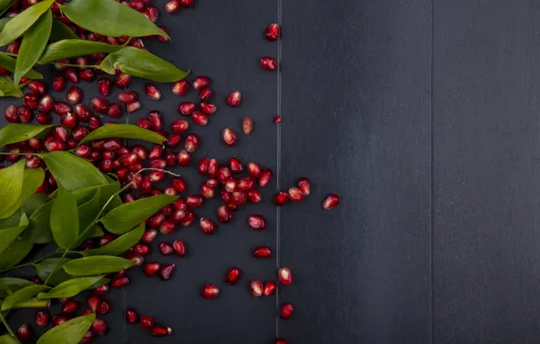 Leaves, the dark background, grenades, pomegranate grains