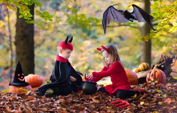 Picture autumn, leaves, children, boy, girl, Halloween, pumpkin, bat