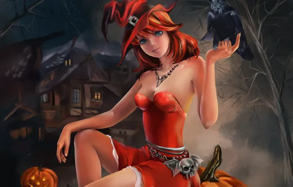 Picture girl, holiday, Halloween, pumpkin, Halloween, Raven, sitting
