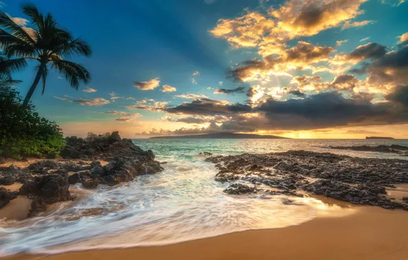 Sea, the sky, rays, sunset, coast, Makena Cove, Matt Anderson