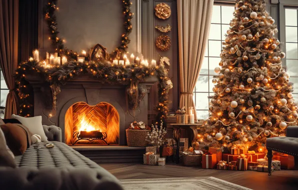 Comfort, house, heat, room, fire, flame, interior, Christmas