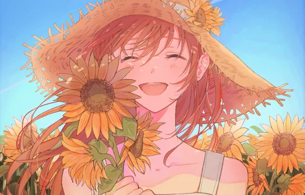 Sunflowers, vacation, blue sky, happy, straw hat, summer day, redhead girl
