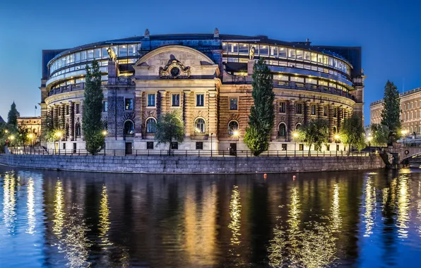 Trees, lights, river, the evening, lights, Stockholm, Sweden, Palace