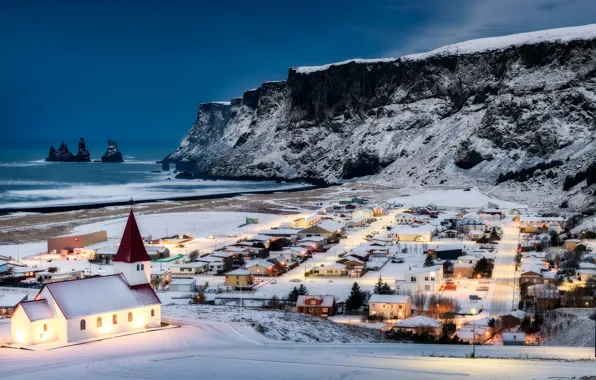 Picture winter, snow, the ocean, rocks, coast, home, village, Church