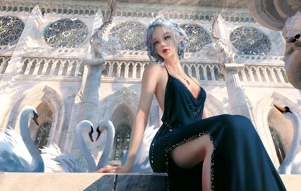 Girl, fantasy, cathedral, dress, legs, blue eyes, elf, digital art