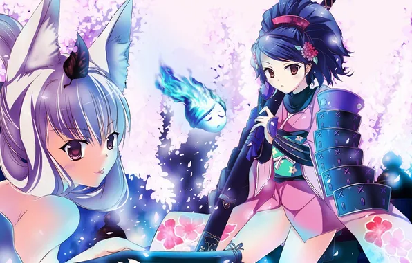 Girls, sword, Sakura, art, armor, ears, momohime, oboro muramasa